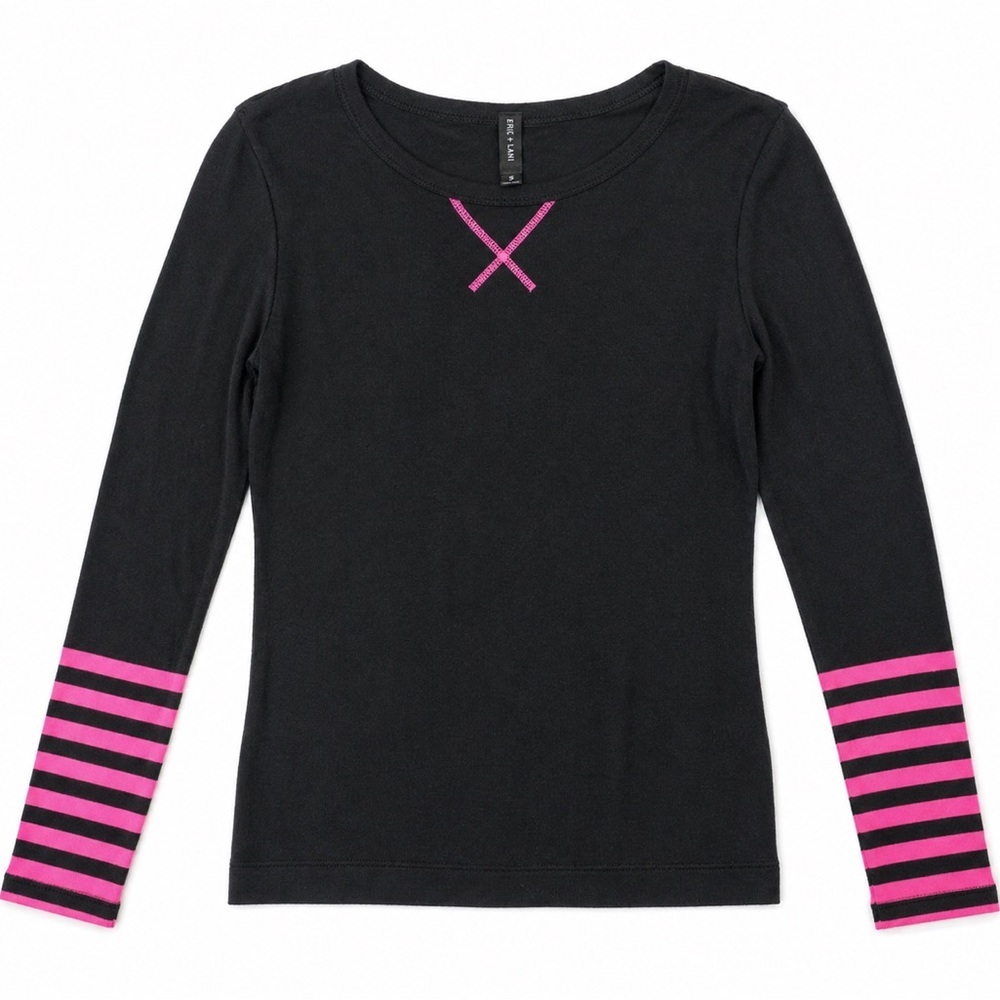 Eric + Lani Black Long Sleeve Tee w/ Pink Striped Cuffs